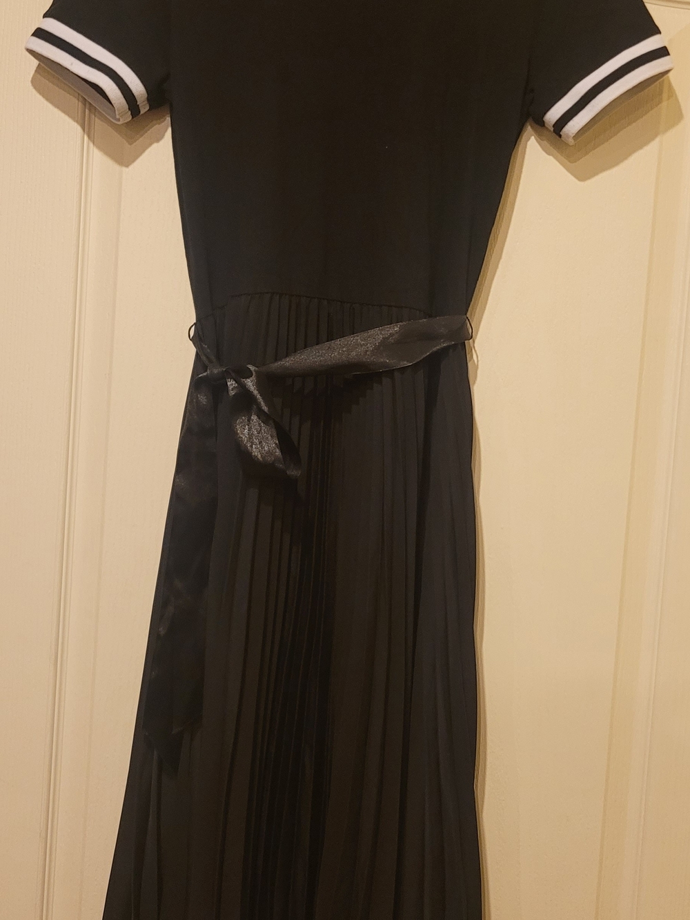 Black Pleated Maxi Dress with Satin Waist Tie